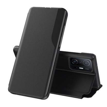 Black leather flip phone case with stand, front cover and camera cutout