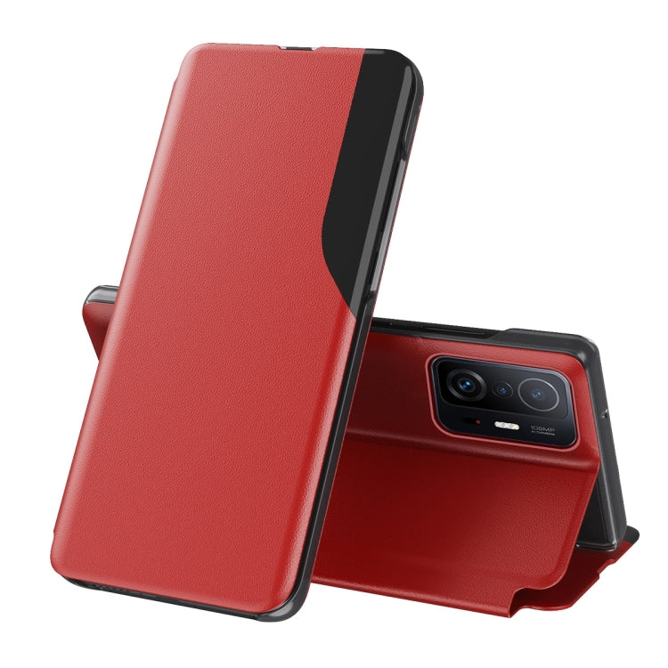 Red leather flip phone case with stand, front cover and camera cutout