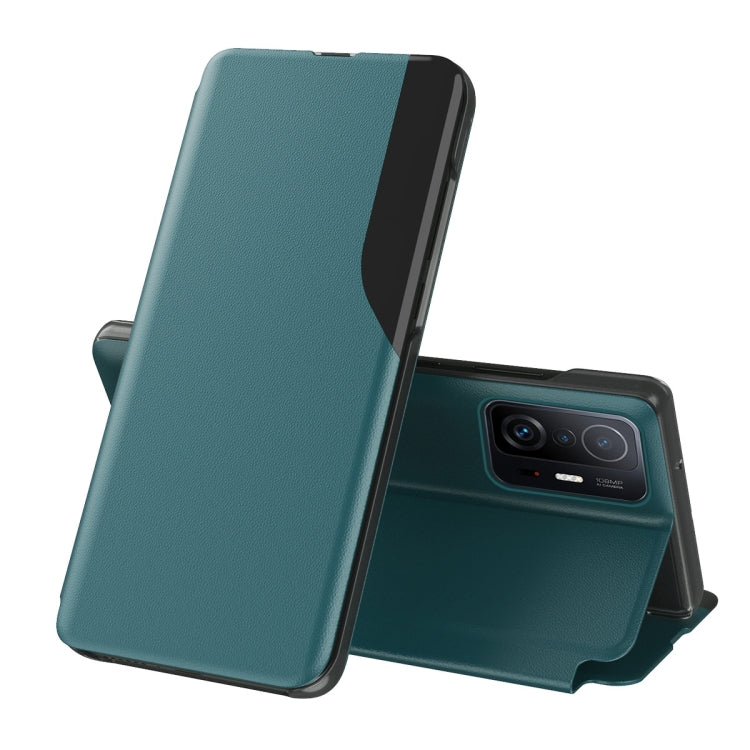 Teal green leather flip phone case with stand, front cover and camera cutout