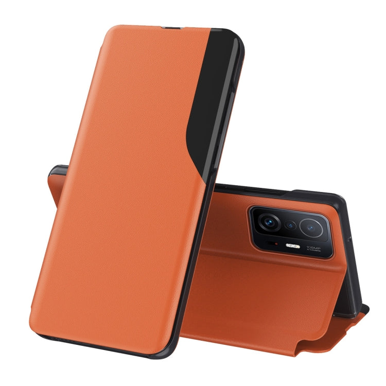 Orange leather flip phone case with stand, front cover and camera cutout