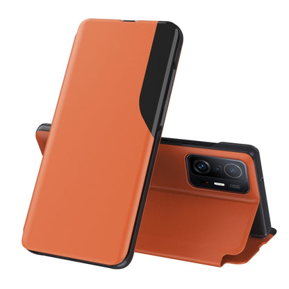 Orange leather flip phone case with stand, front cover and camera cutout