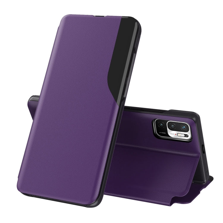 Purple leather flip phone case with stand, front cover and camera opening