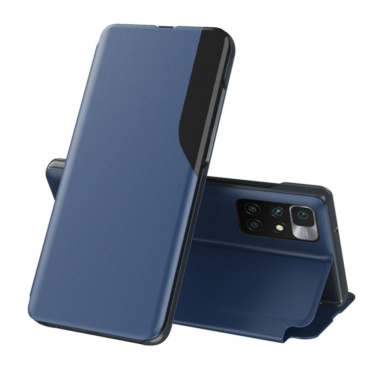 Blue leather flip phone case with stand, front cover and multi-camera cutouts