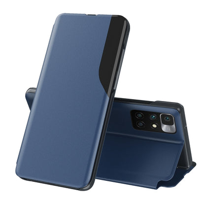 Blue leather flip phone case with stand, front cover and multi-camera cutouts