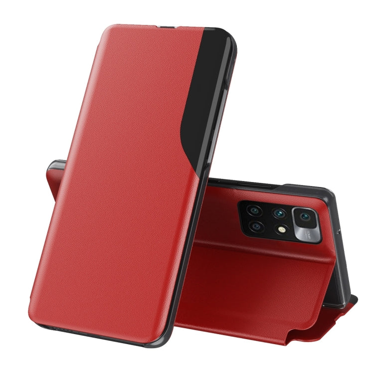 Red leather flip phone case with stand, front cover and multi-camera cutouts