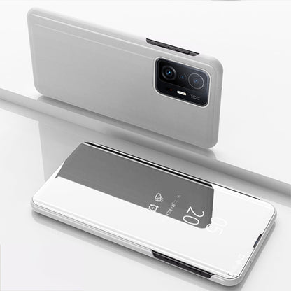 Horizontal flip leather mirror case for phone, silver with camera cutout