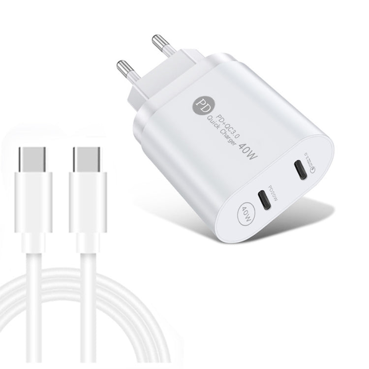 002 40W PD3.0 Dual Port USB-C / Type-C Charger with Type-C to Type-C Data Cable, EU Plug, EU Plug + Type-C to Type-C Cable