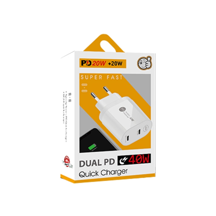 002 40W PD3.0 Dual Port USB-C / Type-C Charger with Type-C to Type-C Data Cable, EU Plug, EU Plug + Type-C to Type-C Cable
