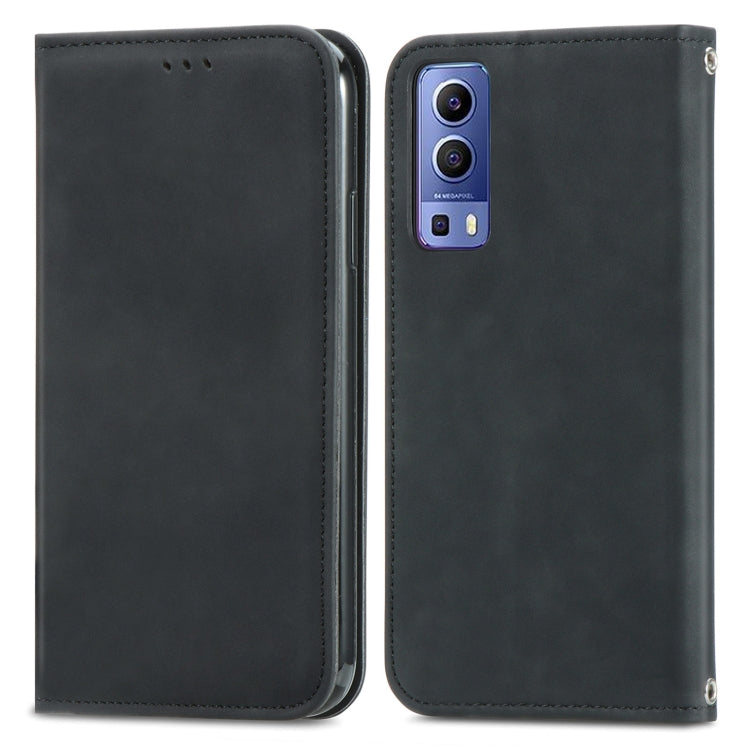 Magnetic flip leather phone case in black, front and back views with camera cutouts