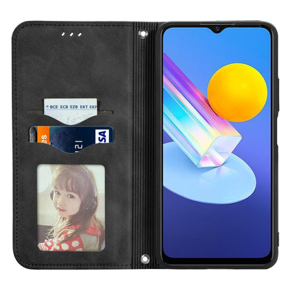 Magnetic flip leather phone case in black with card slots and photo insert window