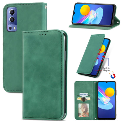 Magnetic flip leather phone case in green with card slots and horizontal stand