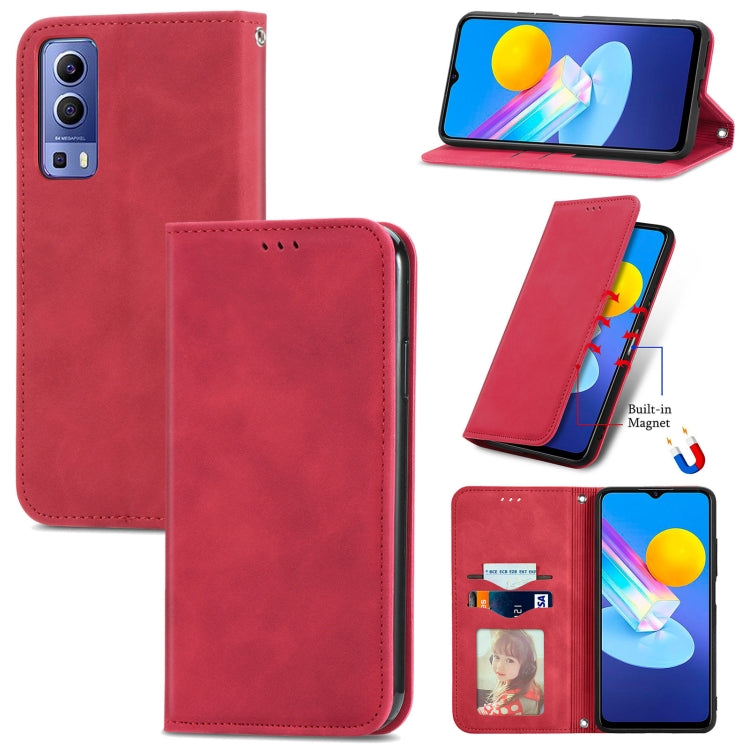 Magnetic flip leather phone case in red with card slots and horizontal stand