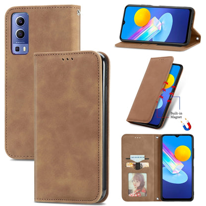 Magnetic flip leather phone case in brown with card slots and horizontal stand