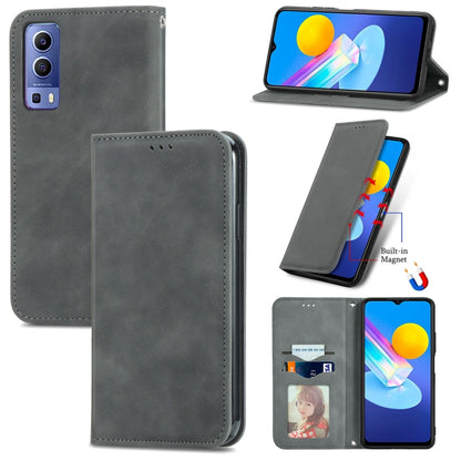 Magnetic flip leather phone case in dark gray with card slots and horizontal stand