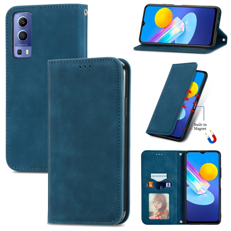 Magnetic flip leather phone case in blue with card slots and horizontal stand