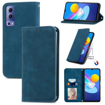 Magnetic flip leather phone case in blue with card slots and horizontal stand