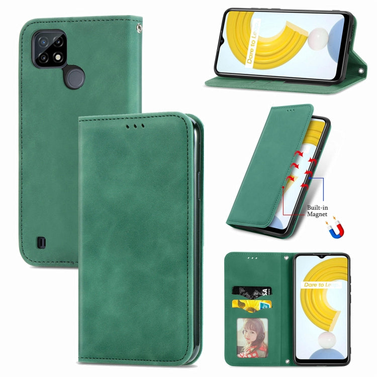 Magnetic flip leather phone case, green, with card slots and built-in stand/holder window