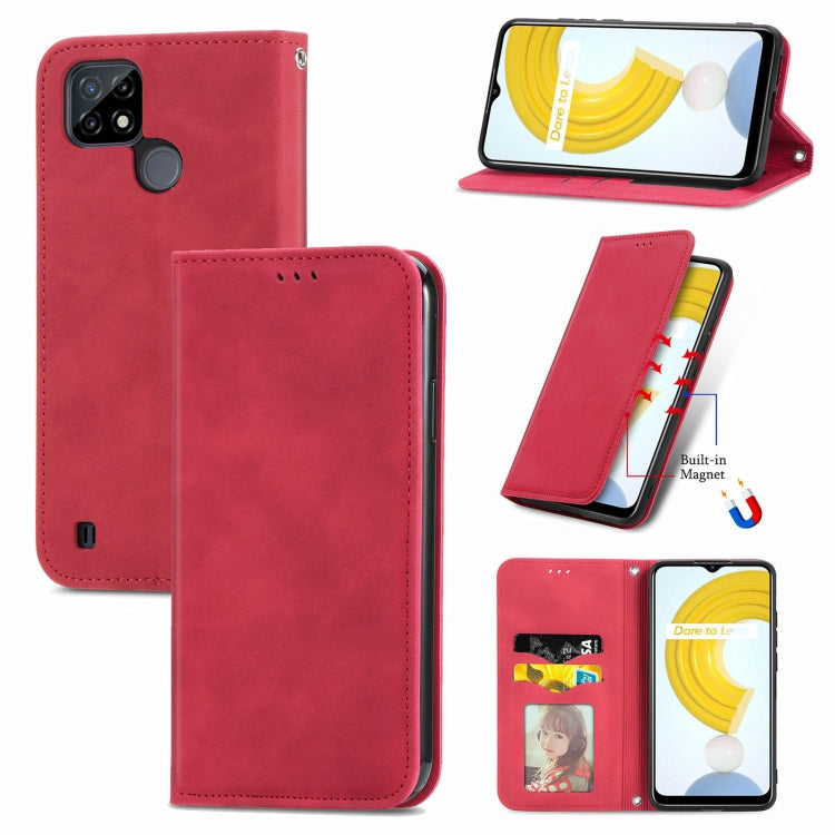 Magnetic flip leather phone case, red, with card slots and built-in stand/holder window