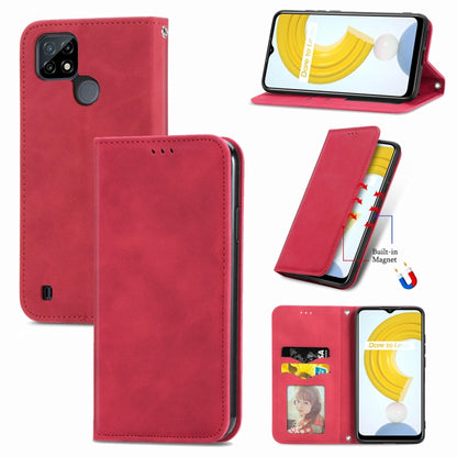 Magnetic flip leather phone case, red, with card slots and built-in stand/holder window