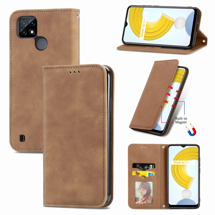 Magnetic flip leather phone case, brown, with card slots and built-in stand/holder window