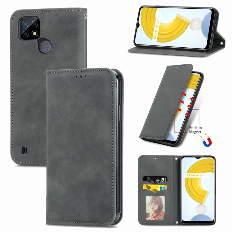 Magnetic flip leather phone case, dark gray, with card slots and built-in stand/holder window