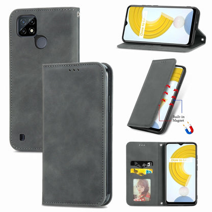 Magnetic flip leather phone case, dark gray, with card slots and built-in stand/holder window