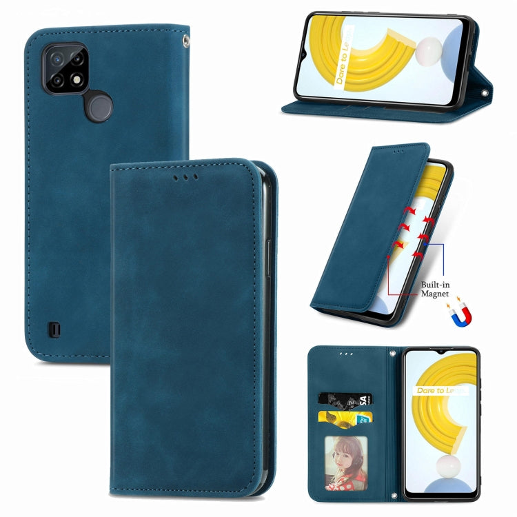 Magnetic flip leather phone case, blue, with card slots and built-in stand/holder window