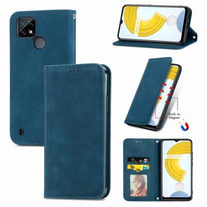 Magnetic flip leather phone case, blue, with card slots and built-in stand/holder window