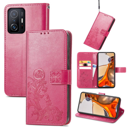 Magenta embossed wallet-style leather phone case with lanyard and card slot, for Xiaomi Mi 11T