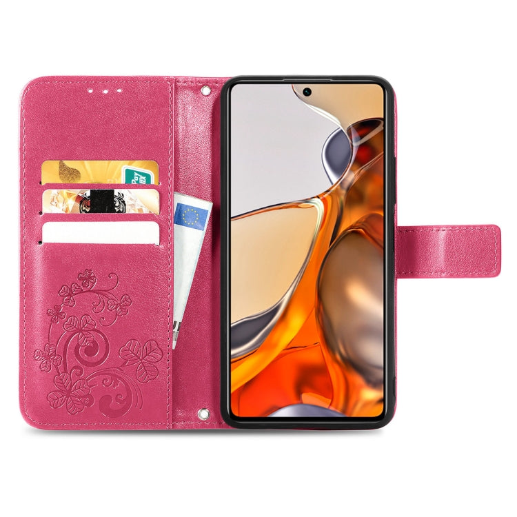 Magenta embossed leather wallet phone case with card slots and lanyard, for Xiaomi Mi 11T