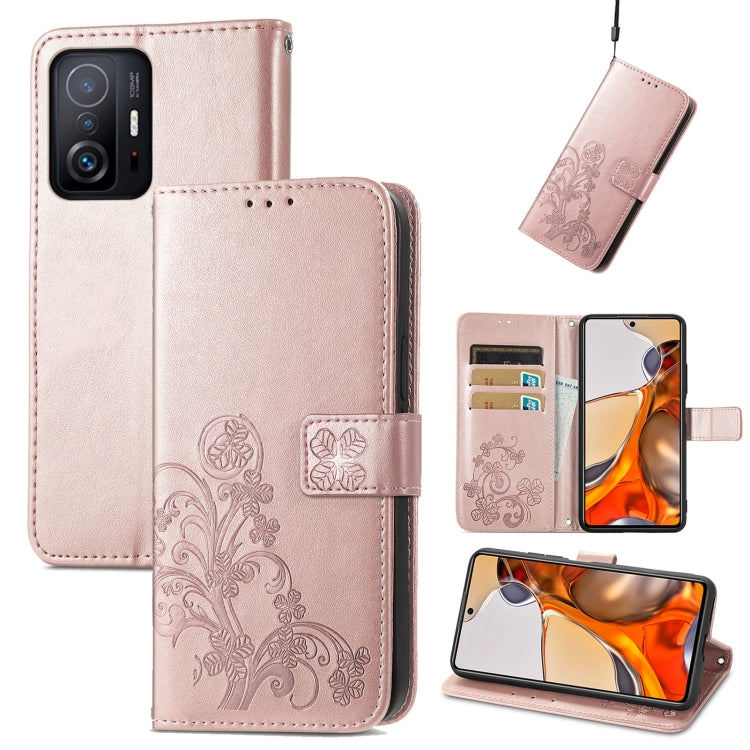 Rose gold embossed leather wallet phone case with card slot and lanyard, for Xiaomi Mi 11T