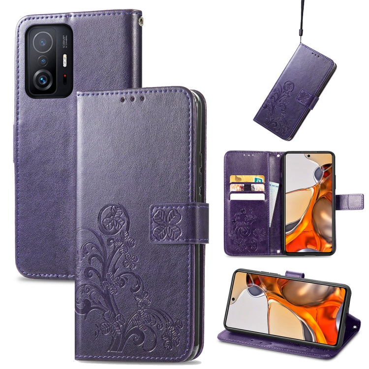 Purple embossed wallet-style leather phone case with card slot and lanyard, for Xiaomi Mi 11T