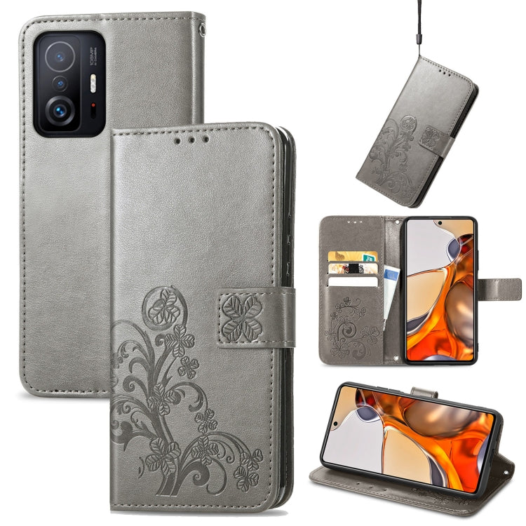 Grey embossed wallet-style leather phone case with card slot and lanyard, for Xiaomi Mi 11T