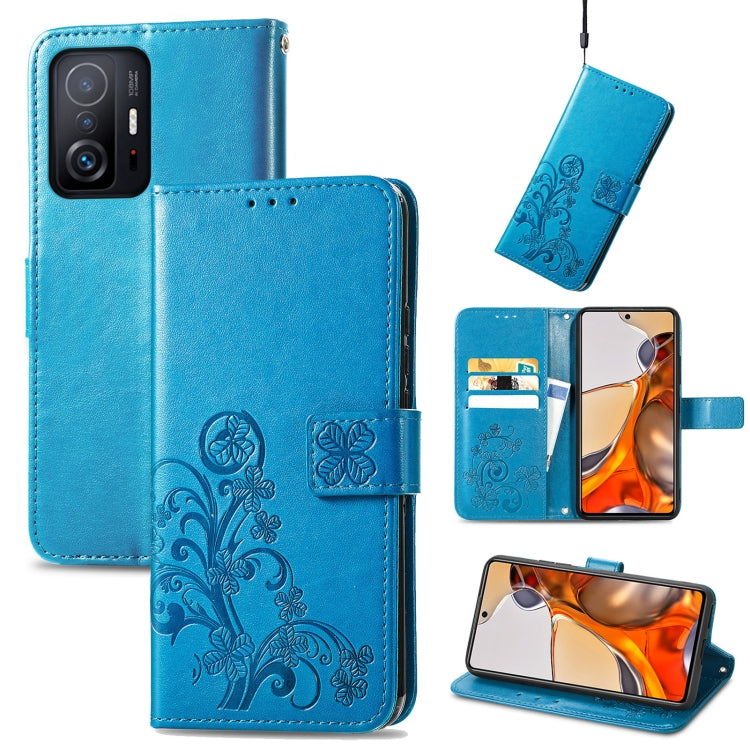 Blue embossed wallet-style leather phone case with card slot and lanyard, for Xiaomi Mi 11T
