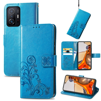 Blue embossed wallet-style leather phone case with card slot and lanyard, for Xiaomi Mi 11T