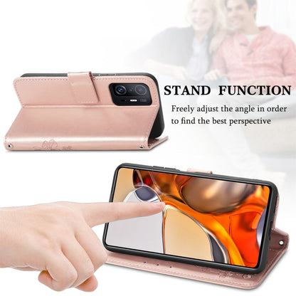 Rose pink embossed leather wallet phone case with fold-out stand, for Xiaomi Mi 11T / 11T Pro