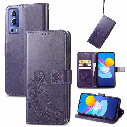 Four-leaf Clasp Embossed Leather Case with Lanyard & Card Slot & Wallet & Holder, For vivo V21e 5G, For vivo Y72 5G, For OPPO Realme C21Y, For vivo IQOO 8 Pro