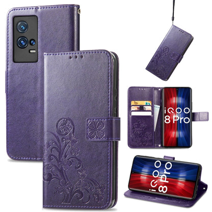 Four-leaf Clasp Embossed Leather Case with Lanyard & Card Slot & Wallet & Holder, For vivo V21e 5G, For vivo Y72 5G, For OPPO Realme C21Y, For vivo IQOO 8 Pro