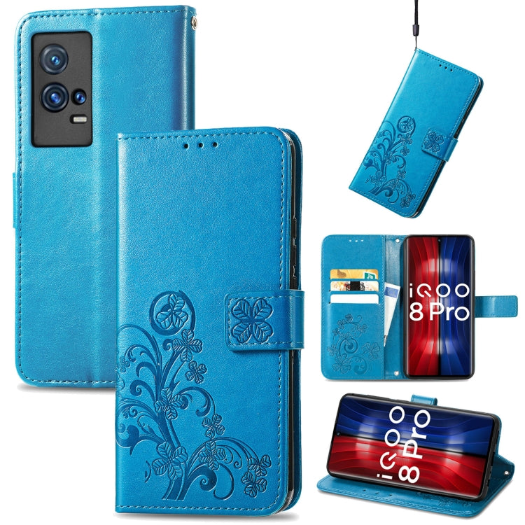 Four-leaf Clasp Embossed Leather Case with Lanyard & Card Slot & Wallet & Holder, For vivo V21e 5G, For vivo Y72 5G, For OPPO Realme C21Y, For vivo IQOO 8 Pro