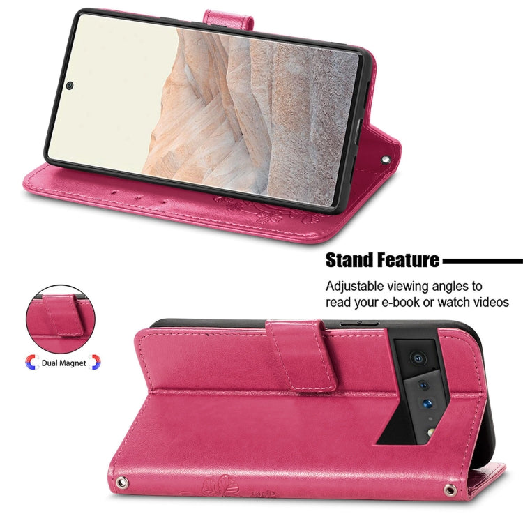 Magenta folio leather phone case with stand and card slot, four-leaf clasp embossing