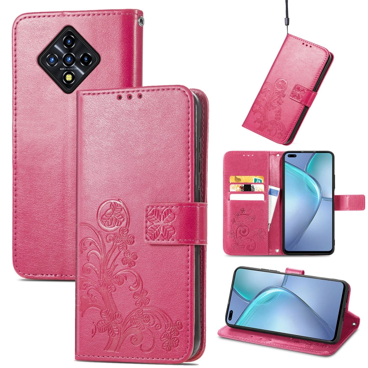 Magenta embossed leather phone case with lanyard, card slot, four-leaf clasp embossing