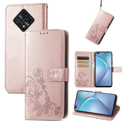 Rose gold embossed leather folio phone case with card slot window and four-leaf clasp