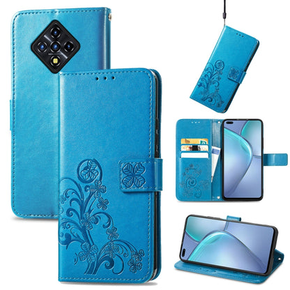 Blue embossed leather phone wallet case with card slot, magnetic flap, and lanyard