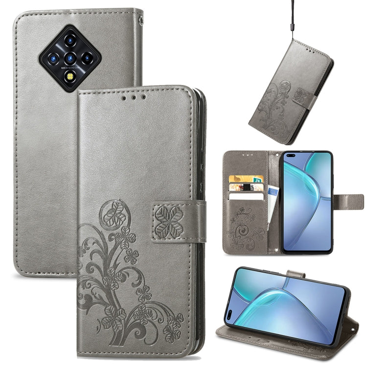 Grey embossed leather phone wallet case with card slot, magnetic flap, and lanyard
