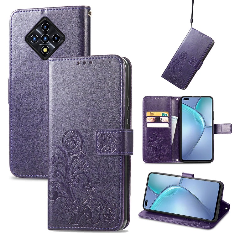 Purple embossed leather phone wallet case with card slot, magnetic flap, and lanyard