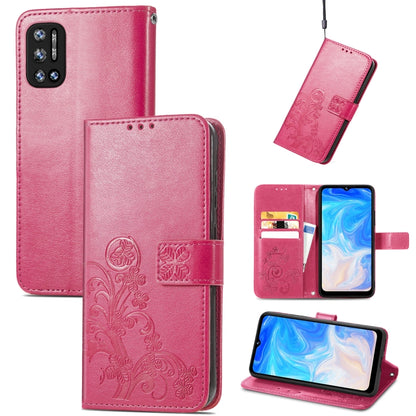 Pink embossed leather phone wallet case with card slot, magnetic flap, and lanyard