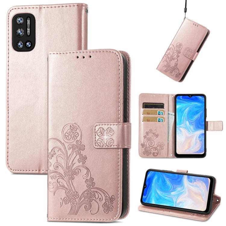 Light pink embossed leather phone wallet case with card slot, magnetic flap, and lanyard