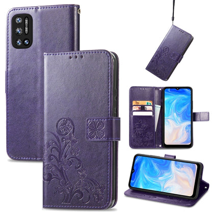 Lavender embossed leather phone wallet case with card slot, magnetic flap, and lanyard