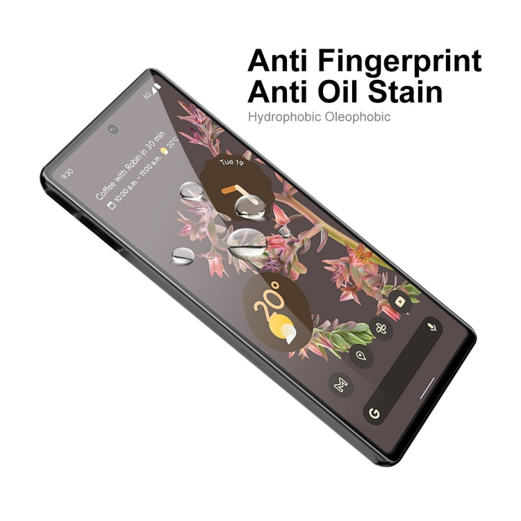 Google Pixel 6 phone with tempered glass screen protector, anti-fingerprint style