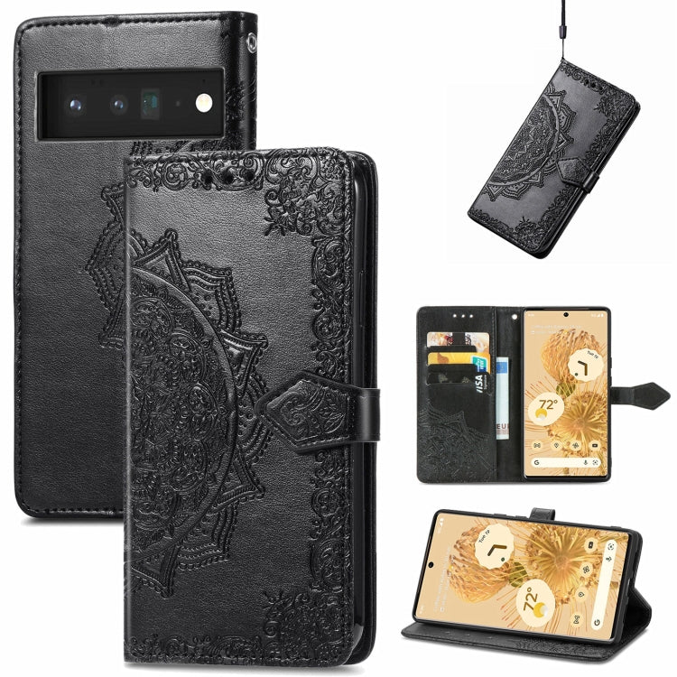 Black embossed mandala flip phone case wallet with card slots and lanyard
